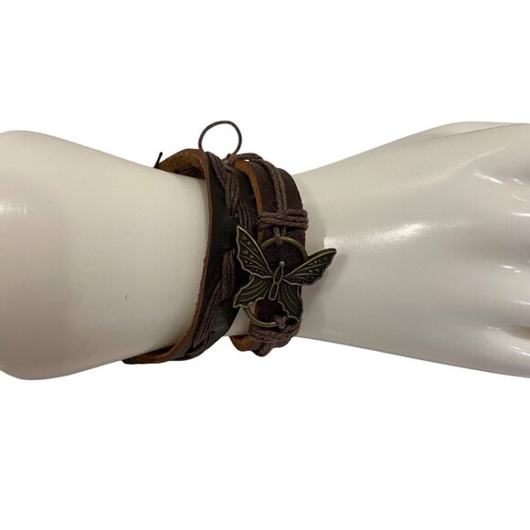 Boho Leather & Cord Butterfly Charm 2 set Bracelets genuine leather brown nature - Picture 2 of 13